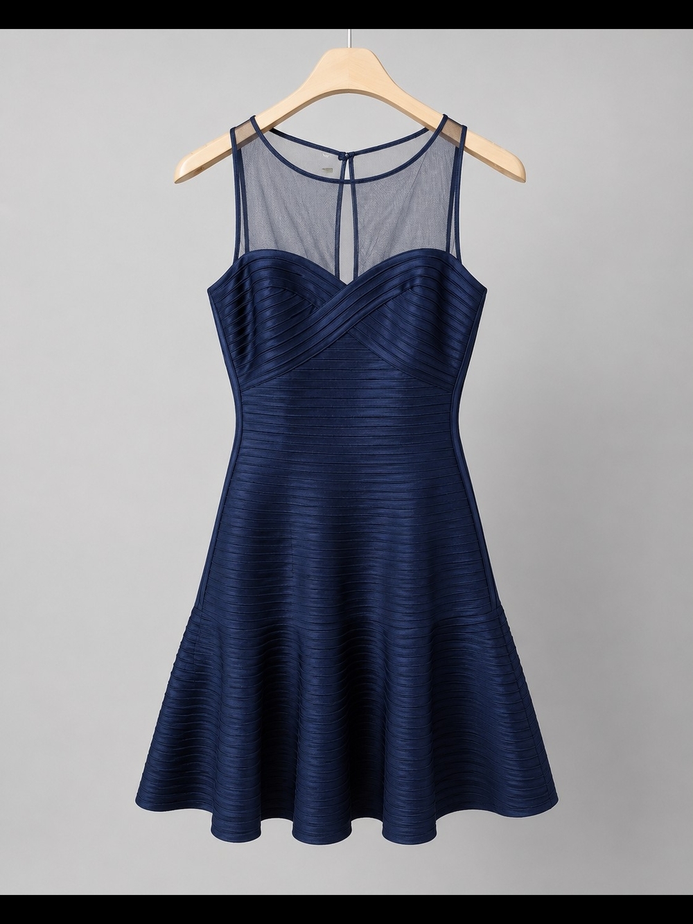 BCBGMaxAzria Navy Fit-and-Flare Mesh Yoke Mini Dress